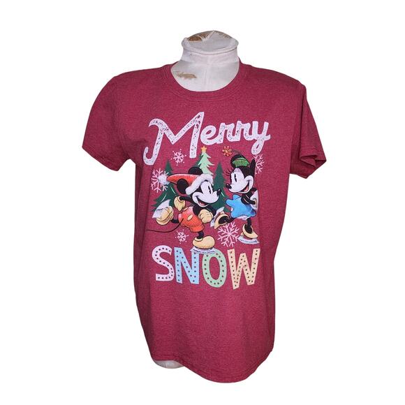 Disney Women's Mickey & Minnie "Merry Snow" Holiday T-Shirt Tee Size Large - Picture 1 of 5
